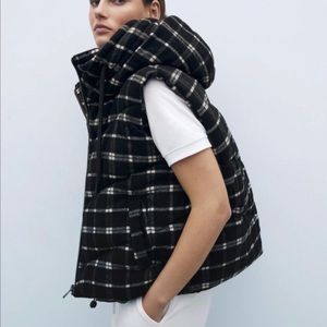 Zara Oversized NWT Plaid Quilted Hooded Puffer Vest | XS